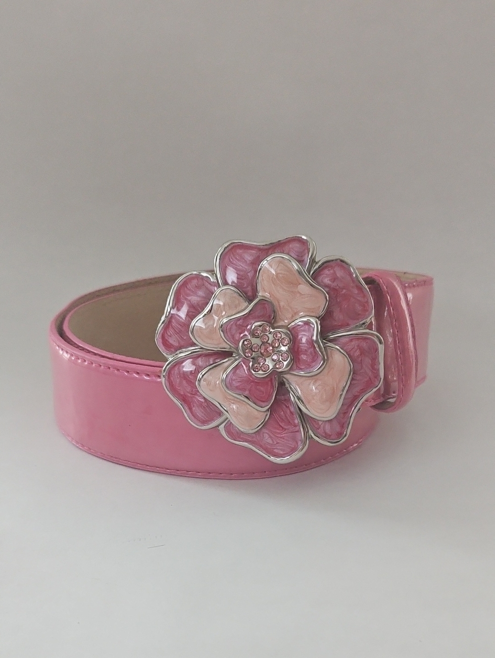 Pink Patent Leather Belt with Enamel Rhinestone Floral Buckle Small
